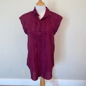SANDRO France Blouse Tunic Cotton Blue/Red Gingham Ruffle Medium